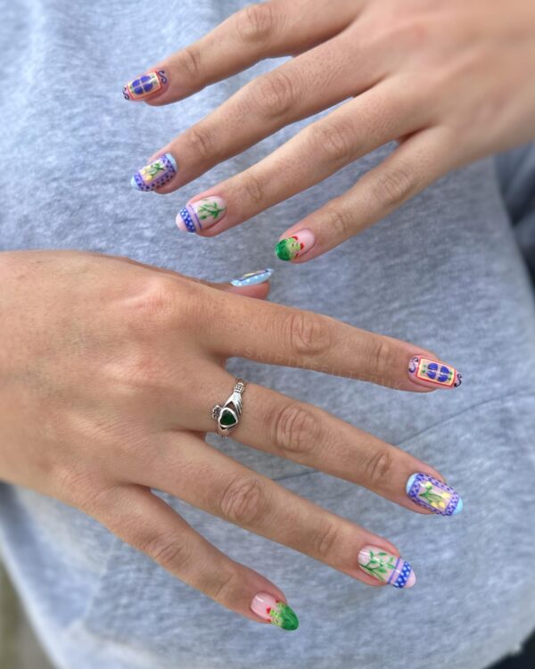 Colorful manicure in a roman mosaic tile style