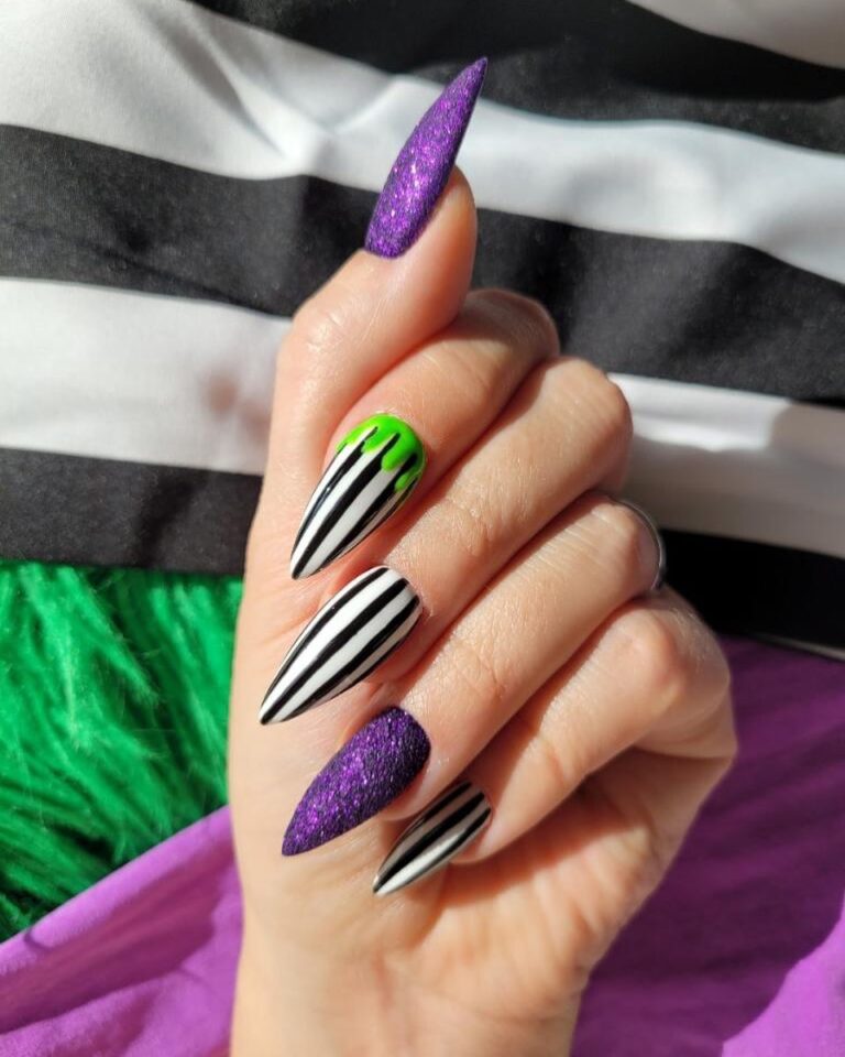 Nail The Beetlejuice Aesthetic 10 Beetlejuice Nail Designs To Die For Striped Beetlejuice Nail Design 768x960