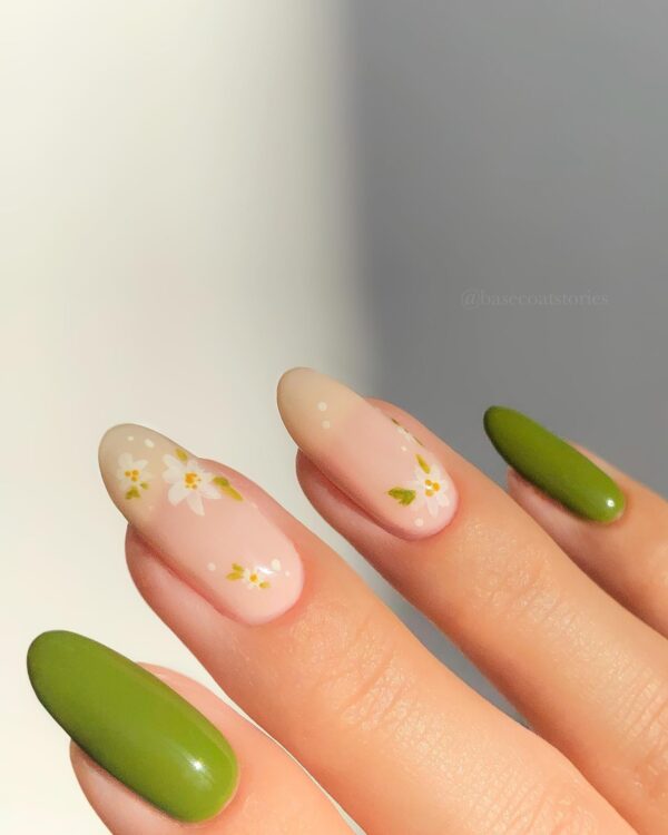 Green and floral cottagecore nail art