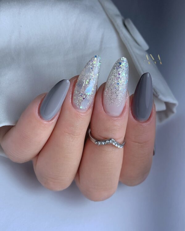 Silver and grey almond acrylic nails