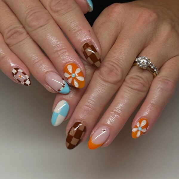 3D fall nail art with flowers and checkers
