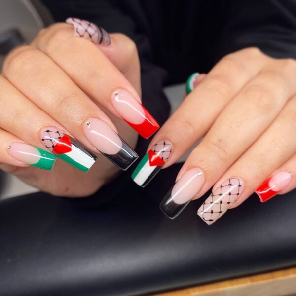 Palestine solidarity nail art in Palestinian flag colors
