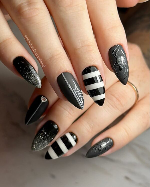 Black and white halloween nail art in matte and gloss finishes