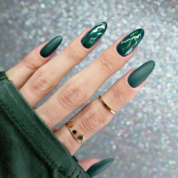 Medium almond nails in matte and glass hologram effect for fall