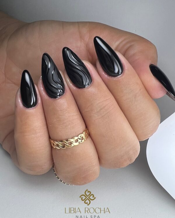 Matte and gloss black almond nail designs for Halloween