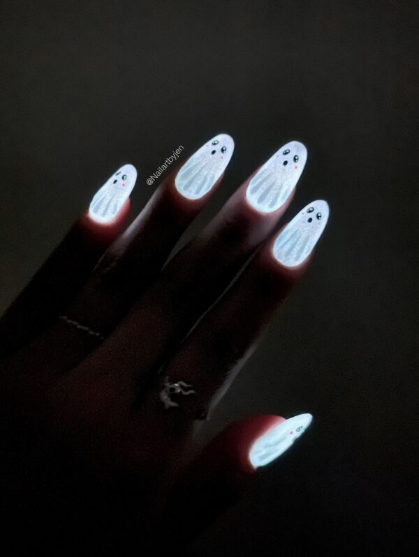 Glazed glow in the dark ghost nails for halloween