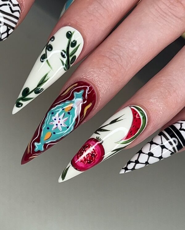 Palestine themed nail art with keffiyeh, pomegranate, watermelon, and olive themes