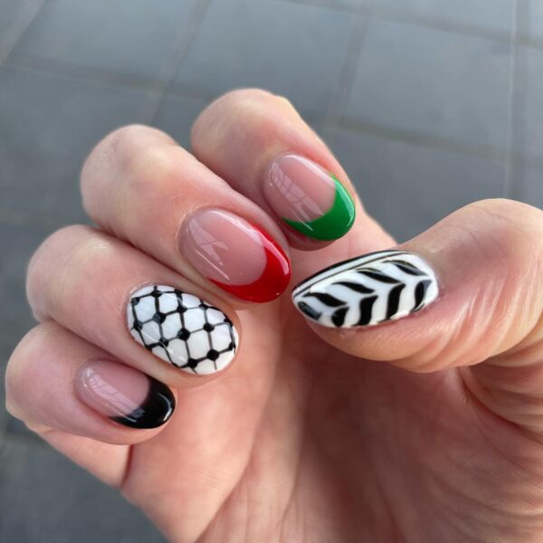 Palestine nail art that features patterns from the keffiyeh