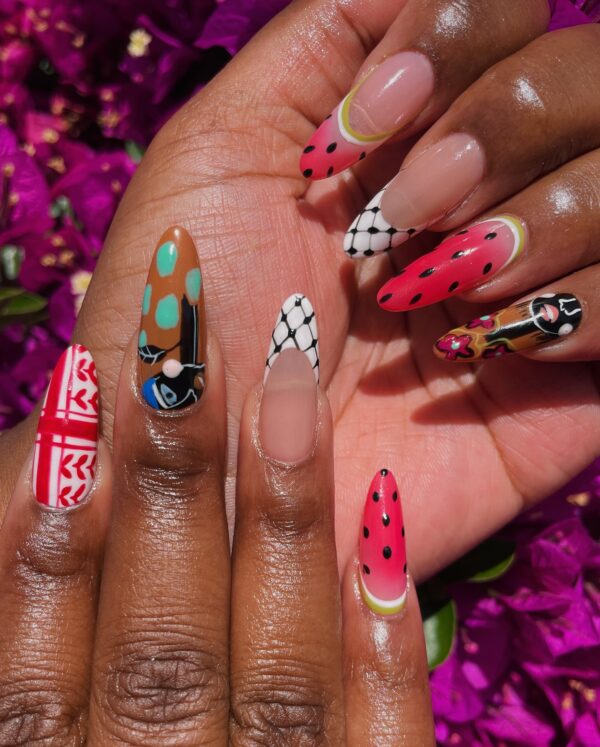 Palestine nail art with watermelon motif on long almonds